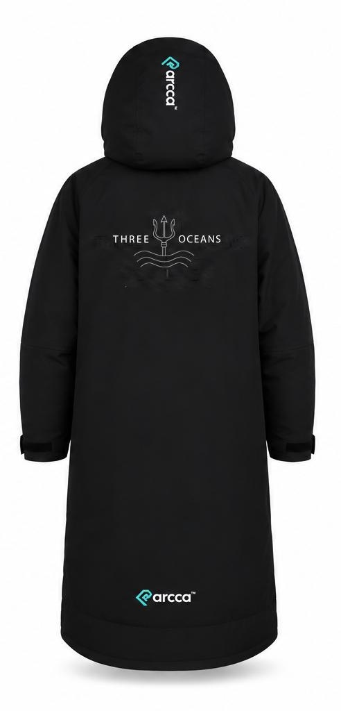 Three Oceans changing robe, back view with the trident print